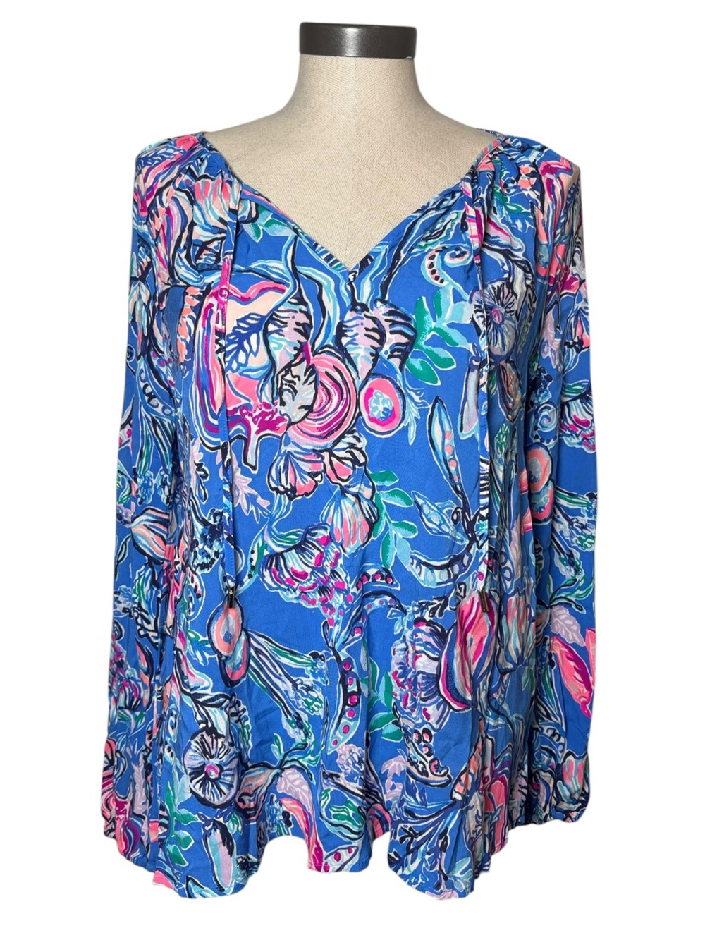 Lilly Pulitzer Blue Floral Tropical V-Neck Tunic Blouse Small Resort
